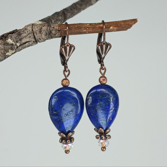 HAND CRAFTED Lapis Lazuli Blue Copper Gemstone Teardrop Rustic Dangle Earrings - Picture 4 of 6